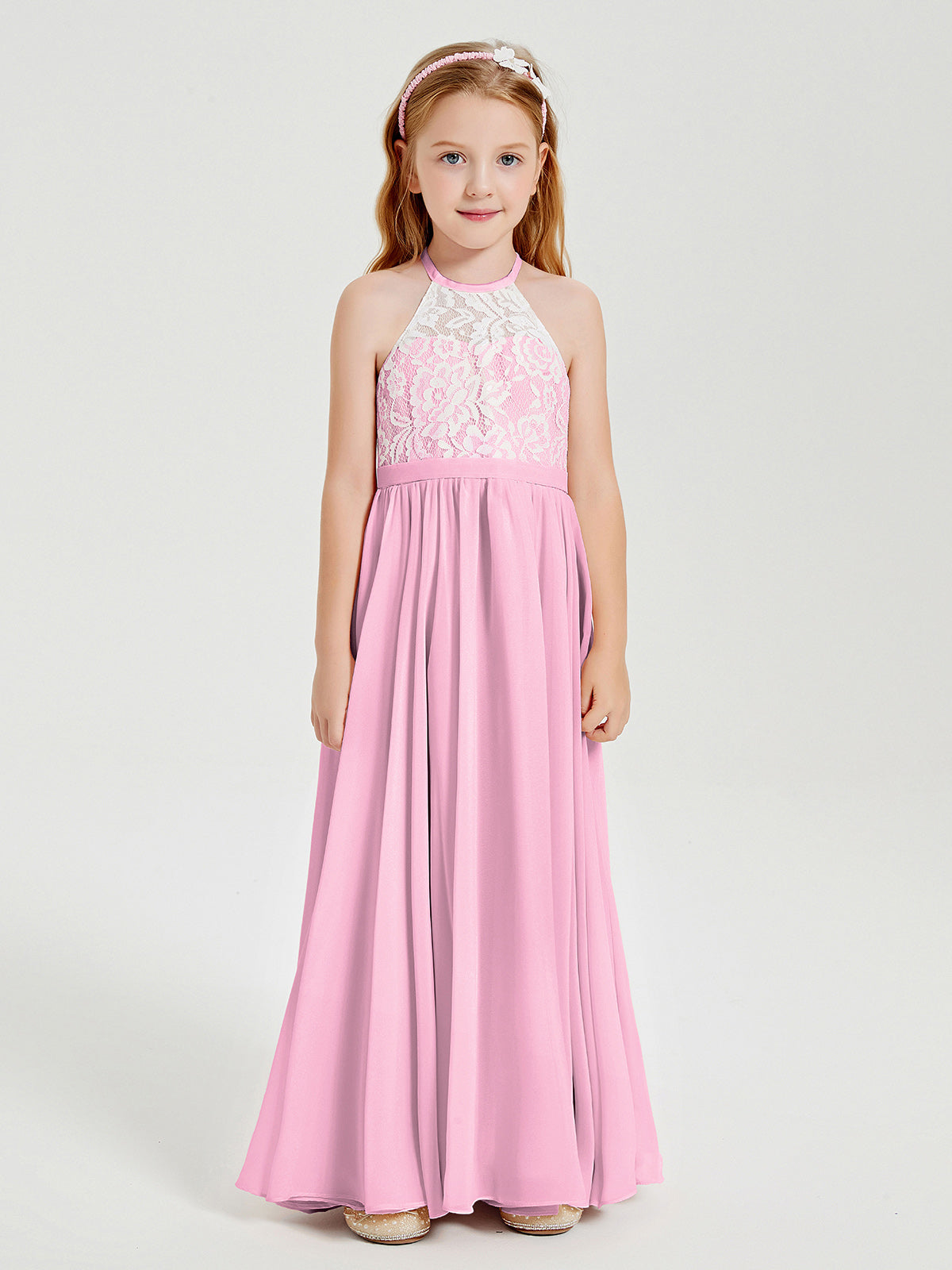 Lace Top Long Chiffon Bridesmaid Dresses Candy Pink